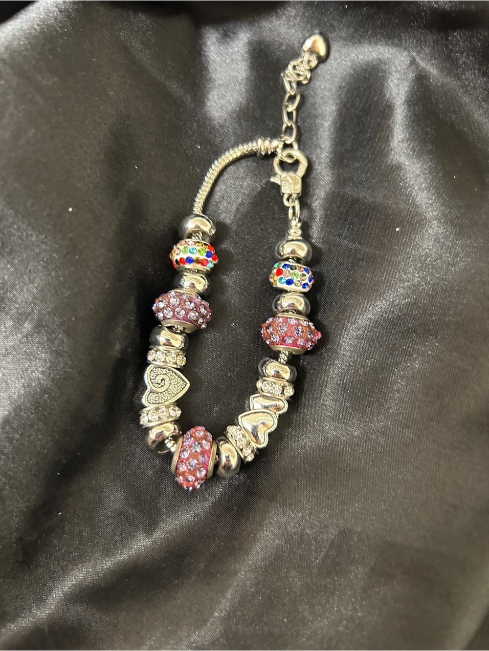 Women's Charm Bracelet with Hearts and multi coloured Beads